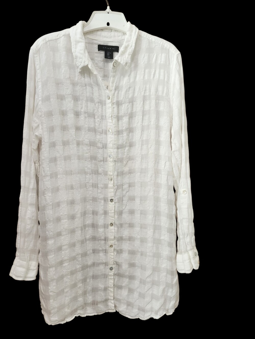 Tahari White Linen Cotton Blend Long Sleeve Button Front Textured Tunic Shirt LG